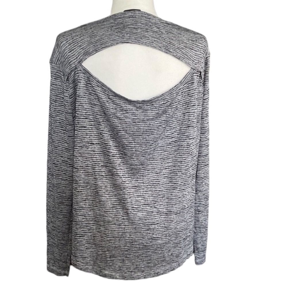 Athleta Breezy Heathered Black Striped Long Sleeve Cut Out Open Back Top Size L